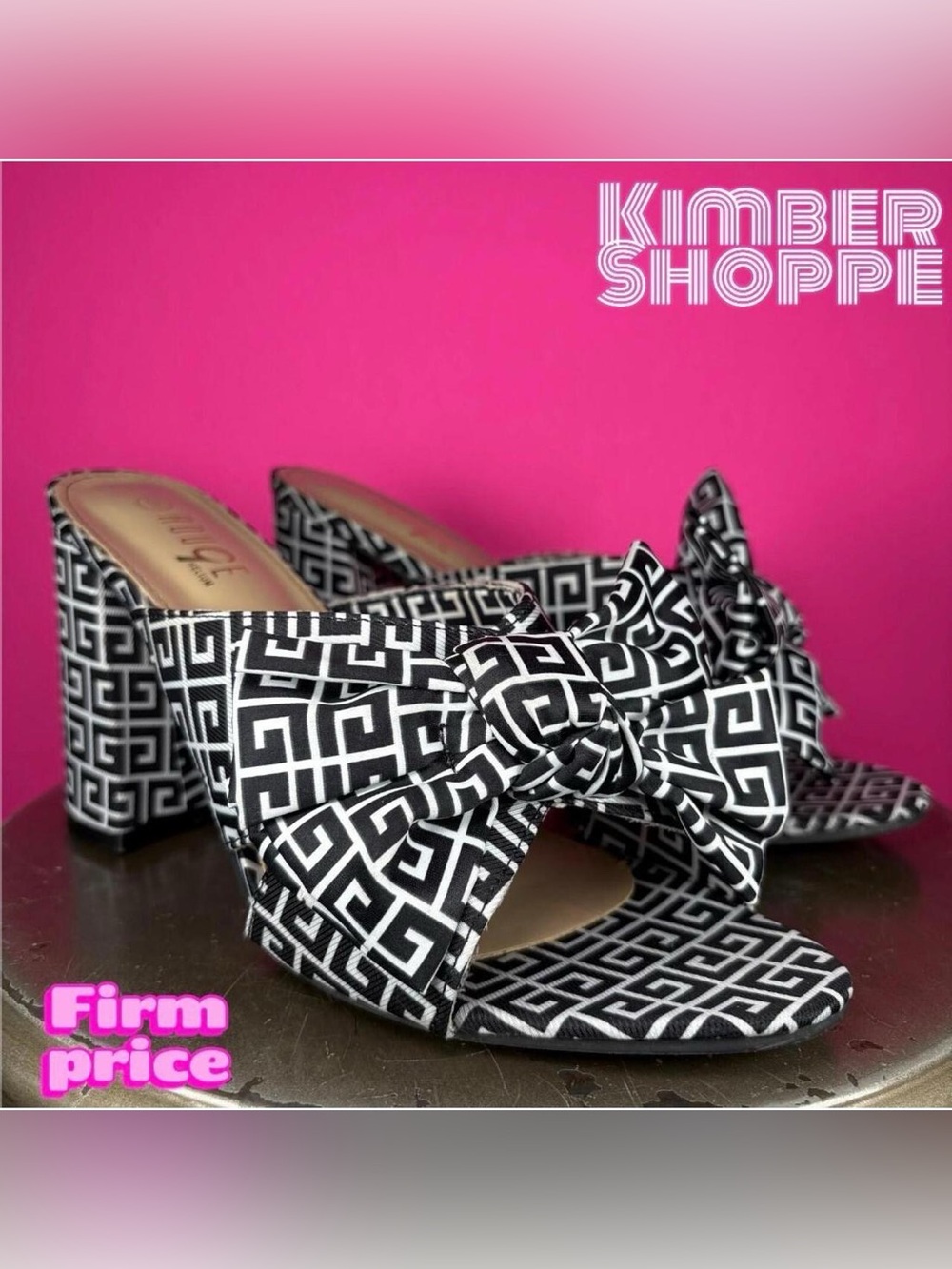 Rouge Helium Black White Geometric Bow  Open Toe Block Heel Mule Sandal US 9